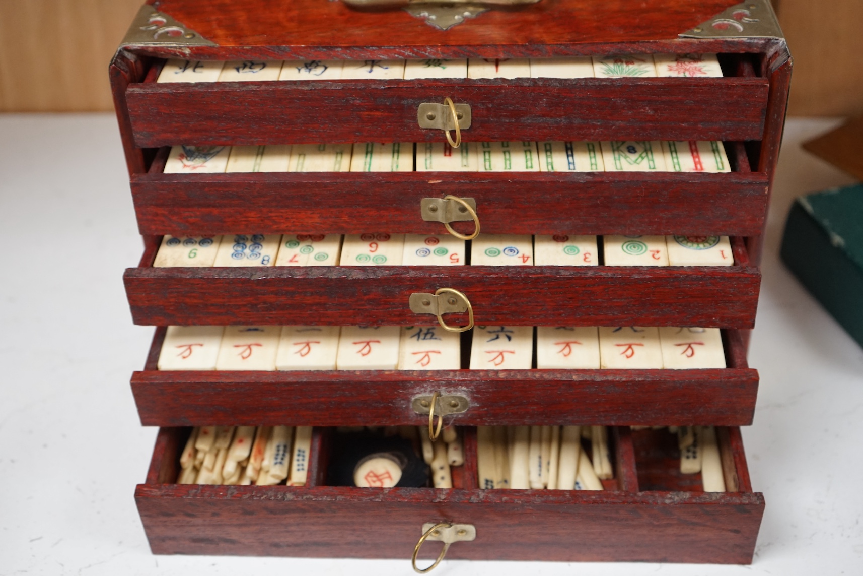 A Chinese bone Mahjong set, cased with boxed racks., Condition - fair